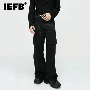 IEFB Мъжко облекло Нови модни дънки Loose Straight Wide Leg Burr Design Muti Pockets Personality 2023 Есенна черна тенденция 9C3553