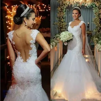 Елегантни русалка сватбени рокли за жени 2023 Ръкави за шапки Дантелени апликации Секси отвесни обратно тюл булчински рокли Vestidos De Novia
