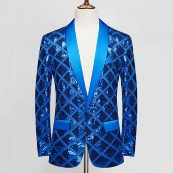 Мъжки блестящ син костюм с пайети Blazer 2023 Луксозен нов шал ревера с един бутон Blazer яке парти сцена абитуриентски бал танцьор Певец Tuxedos