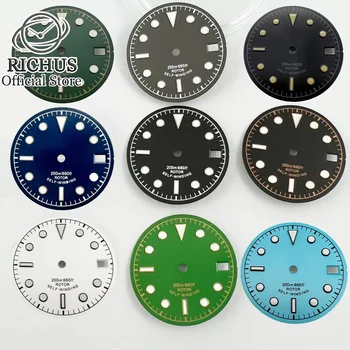 28.5mm Часовник Dial NH35 Dial С дата прозорец Черно синьо зелено стерилен светлинен часовник Dial fit NH35 часовници движение