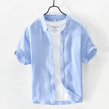 729 Мъжка памучна ленена риза Лятна мода къс ръкав плътен цвят прост хлабав основни ревера блузи дишащи дневни върхове мъжки