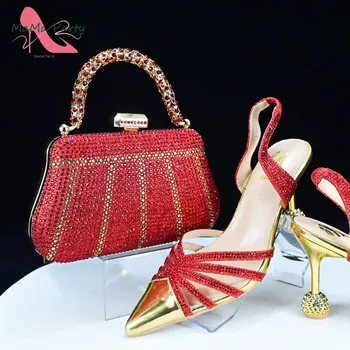 2024 Дизайн на снаждане Висококачествени италиански дамски обувки и чанта за съвпадение в червен цвят Италиански класически стил за градинско парти
