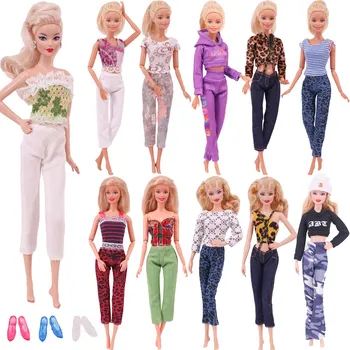 Барби кукла дрехи 1Set нова мода тениска / яке + панталони, подходящи за 11.8inch кукла ежедневни дрехи безплатно обувка момиче подарък