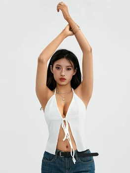 y2k Топ мода жени плътен цвят спагети каишка Sleevleess отворен фронт камизола корейски естетически дрехи улично облекло