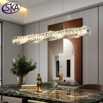 модерен луксозен ресторант кристал LED полилей кафе кухненски остров хром стомана висяща лампа маса за хранене дълго осветително тяло