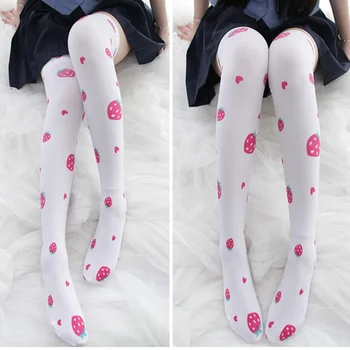 Отпечатани копринени чорапи тънък стил пролет и есен отдел Лолита сладък аниме над коляното дълго бяло кадифе чорапи женски