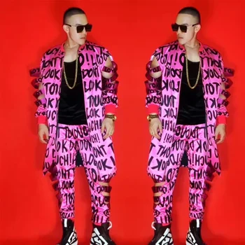 2 парчета мъжки певец DJ DS хип-хоп облекло графити кухи писмо яке панталони джаз гого костюм сцена рейв облекло
