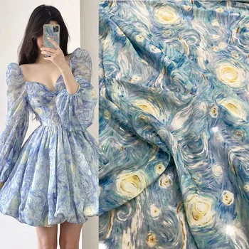 Европейски и американски син звезден небе маслена живопис отпечатани Жоржет плат за жени рокля блуза ръчно изработени DIY кърпа шиене