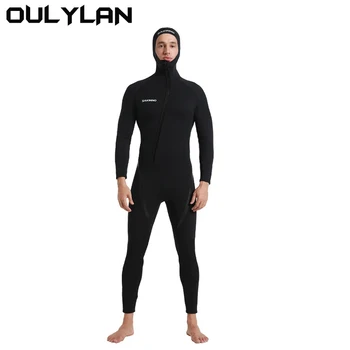 Oulylan 3mm неопренов неопренов костюм преден цип едно парче мъжки топъл дълъг ръкав с качулка гмуркане плуване слънцезащитен сърф костюм