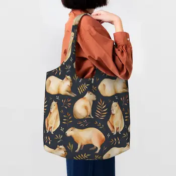 Kawaii Capybaras и листа модел пазарска пазарска чанта за многократна употреба хранителни стоки платно купувач рамо чанта