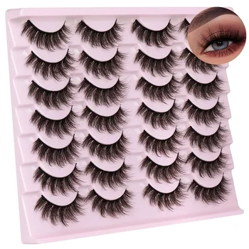 14 чифта фалшиви мигли Естествени мигли от норка Пухкави тънки мигли за котешки очи 14mm 3D Volume Strip Fake Eyelashes Pack
