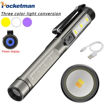 Мини мултифункционален LED UV фенерче писалка клип лампа USB акумулаторни три източника на светлина с мащаб ученик изпит работа факел