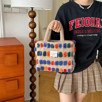 Цвят плюшени точки Дамски чанти Bento ретро дизайн женски пухкави кофи чанти голям капацитет рамо чанта чанта случайни мъкна