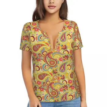 Trippy хипи печат тениски реколта Paisley V врата класически извънгабаритни т риза къс ръкав жена Y2K готино тениска плаж облекло
