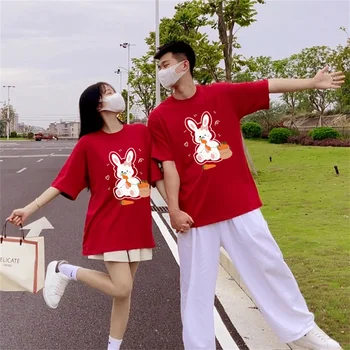 Пролетно лято Китай голям заек графика мъже Дамска тениска върхове Vouge ризи O-образно деколте червено чист памук къс ръкав тениска Tee