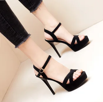 Размер 34-41 12 см високи токчета платформа секси стилет петата отворени пръсти сандали за жени летни обувки черни токчета