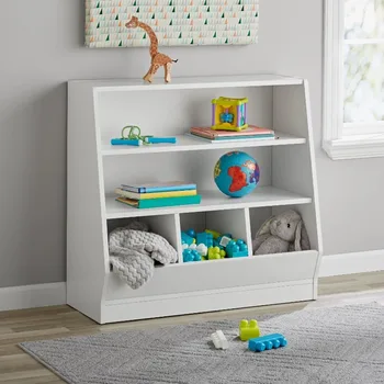 Детско кошче за съхранение и два рафта за книги, бял шкаф за съхранение на играчки детски шкаф за играчки