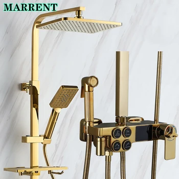 Gold Digial душ система от 12 инча Ranfall душ глава месинг температура дисплей душ кранче термостатичен душ комплект