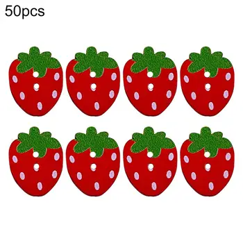 50Pcs/Set Дървени копчета 2 дупки Ръчно изработени DIY аксесоари за облекло Червен розов ягодова форма Шевни копчета за детски дрехи