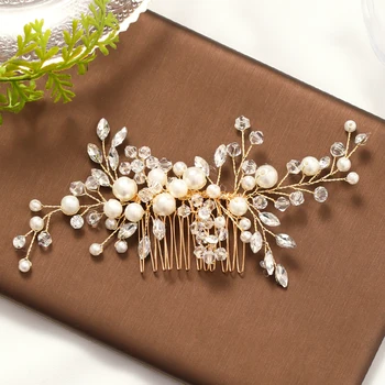 Trendy Gold Pearl Crystal Tiara Сватбени гребени за коса Аксесоари за коса за булчински шапки Жени Сватбени аксесоари за бижута за коса