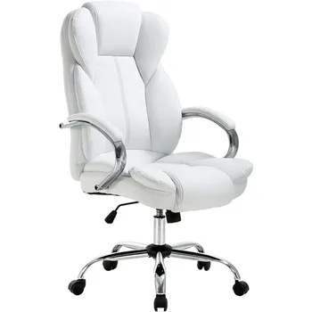 Компютърен стол изпълнителен регулируем висок гръб PU кожена задача подвижен въртящ се стол с лумбална подкрепа за жени мъже, бял
