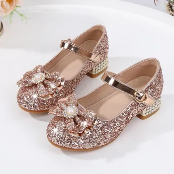 Детски модни момичета Мери Джейнс за парти сватбени шоута PU кристални обувки 2023 принцеса универсален меки ниски токчета парти сватбена обувка