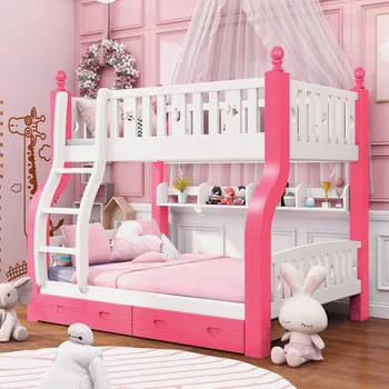 Wood двуетажно легло розово момиче принцеса деца легло високо качество дебела масивна дъбова дървесина детска стая