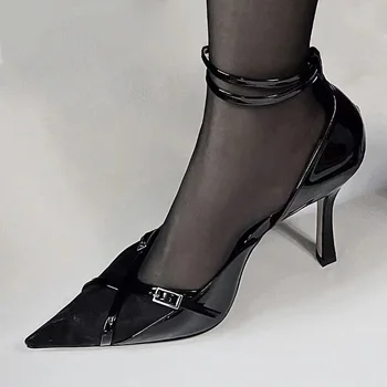 Летни луксозни дамски обувки, 2023 Секси високи токчета, заострени плитки уста вратовръзка сандали, окото метална декорация парти дамски токчета