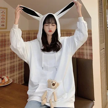 Зайче уши памук качулка пуловер сладък мечка качулки Harajuku жени зима есен 2021 Loose средна дължина Oversize дълъг ръкав джъмпер