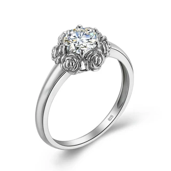 Szjinao 14K бяло злато Moissanite Band пръстен жени роза цвете пръстени 100% реални 925 стерлинги сребро фини бижута за годеж