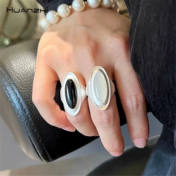 HUANZHI овален черен каменен пръстен за жени момичета Sliver цвят голям геометричен модерен реколта ежедневно парти чар бижута френски нов