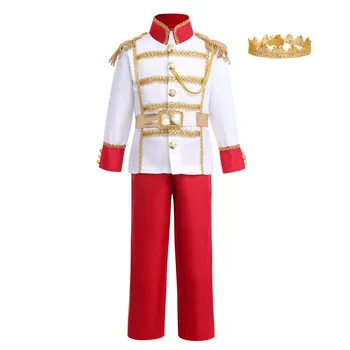 Детски момчета принц очарователен костюм облекло дълъг ръкав яке червен дълги панталони и колан с корона Хелоуин обличане