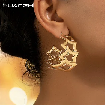 HUANZHI златен цвят кухи метални обеци за жени момичета мода геометрични C-образни ретро преувеличени бижута подаръци 2024 Ново