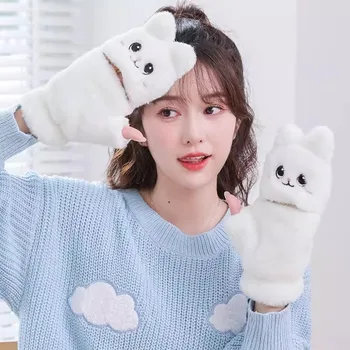 Корейски карикатура заек ръкавици плюшени прекрасни ръкавици без пръсти космати шофиране зимата супер меки топли удебелени сладки ръкавици жени