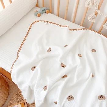 4 слоя бродерия череша мечка звезди муселин памук одеяло, мека бебе одеяло пелена, новородено кърпа за баня, получаване одеяло