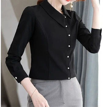 елегантен шик офис дама асиметрични тънък бутон женски ризи пролет есен мода твърди дълъг ръкав върховете блузи за жени