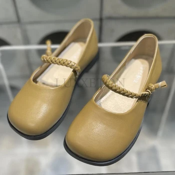 Естествена кожа ретро апартаменти Жена Мери Джейн обувки мама Straped бутон дизайнер мокасини обувки квадратни пръсти широк крак обувка