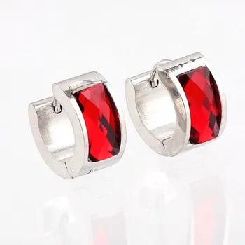 QianBei Fashion red Crystal Rhinestone Stainless Steel Studs Hoop Mens womens Earrings Christmas Gift NEW