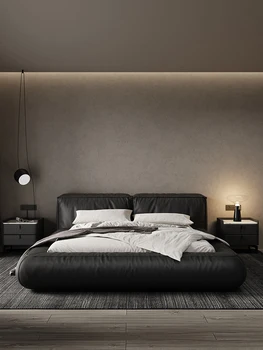 италианско кожено легло модерно просто двойно горно налягане на въздуха от телешка черна кожа