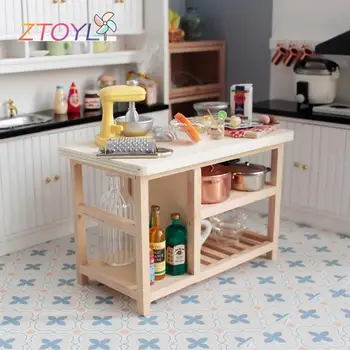1:12 Къща за кукли миниатюрни маса маса за хранене многослойни готвене съхранение маса с кука нагоре мебели кухня модел декор играчка