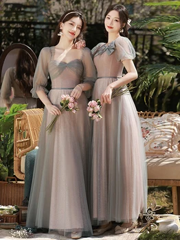 Bow декор сив дантела шаферски рокли Дамска дълга стилна тънка вечерна рокля 2023 Нова лятна есенна сестри групова рокля