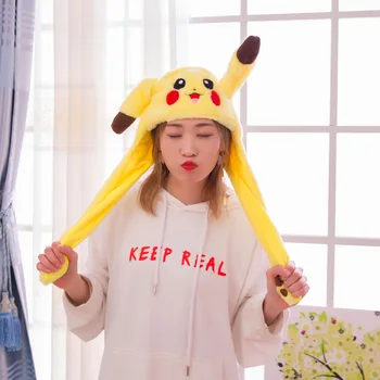 Pokemon аниме Pikachu плюшена шапка Kawaii карикатура движещи се заешки уши шапка ръка щипка капачка подвижни уши творчески подарък за деца