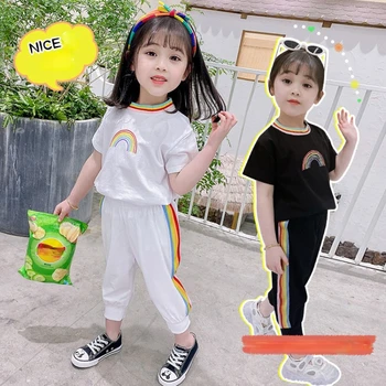 Комплекти за облекло за момичета за лятото 2PCS Rainbow Tops + Pencil Pants Детски раиран анцуг Casual Style Baby Sport Suit Cute Outfits