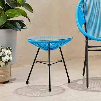 Hayk Outdoor Modern Faux Rattan High Load-bearing Strong Stable and Durable Side Table with Tempered Glass Top Black