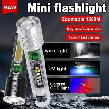 Супер мощно мини LED фенерче 1500M многофункционални UV фенерчета USB акумулаторна горелка Преносими лампи за ръчни риболов за къмпинг