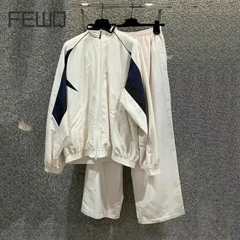 FEWQ Мъжки комплект бродерия яке хлабав панталони палто спортни 2023 контраст цвят реколта висока улица пачуърк есен 24X1688