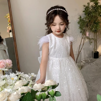 Baby Girl Bow Princess White Feather Dress Tulle Children Vestido Sequined Kids Wedding Party Birthday Tutu Dress Bling Dress