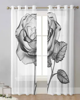 Rose Черно и бяло отвесни завеси за хол прозорец прозрачен Voile тюл завеса Начало декор завеси