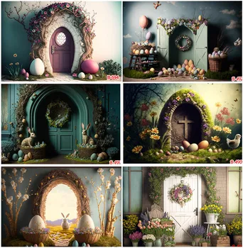 Честит Великден лоза флорални реколта врата зайче заек яйца дърво кръст декори фотография студио снимка декор рожден ден фонове