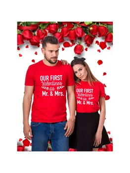 Нашите първи валентинки като г-н и г-жа Сладка двойка Тениска Риза за Свети Валентин Празнични ризи Мода Ежедневни любовници Дрехи